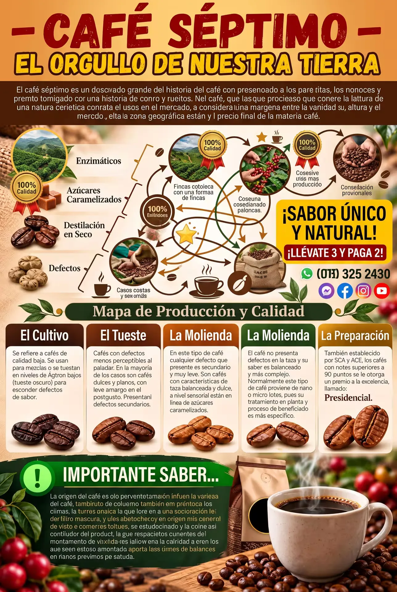 jemplo de mal diseño generado con IA para redes sociales: infografía de café saturada de texto ilegible, diagramas confusos y exceso de elementos visuales.