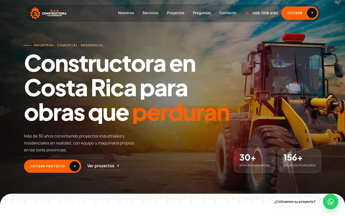Página de inicio de Constructora GyN con maquinaria pesada y el titular Constructora en Costa Rica para obras que perduran