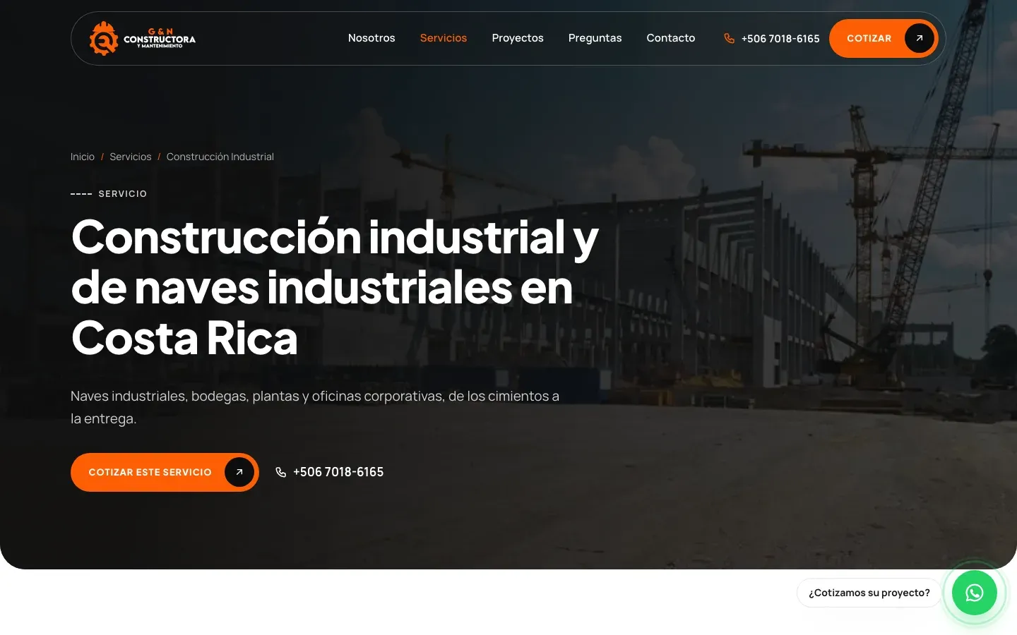 Página del servicio de construcción industrial y naves industriales de Constructora GyN