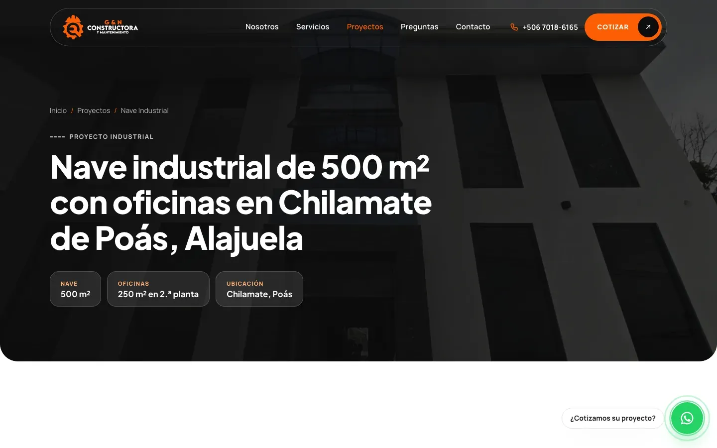 Ficha del proyecto de nave industrial de 500 m² en Chilamate de Poás, Alajuela