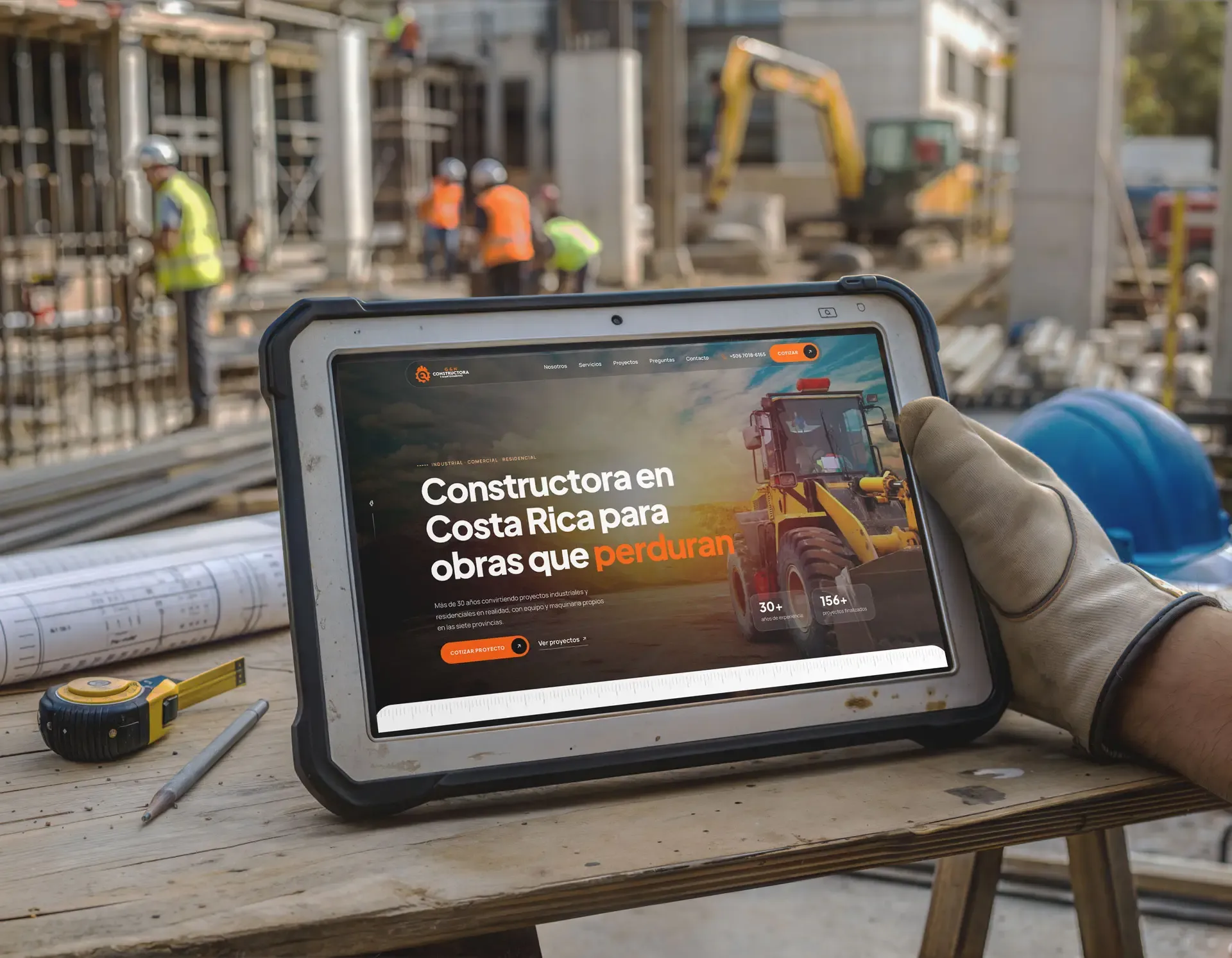 Sitio web de Constructora GyN en una tablet resistente en una obra de construcción