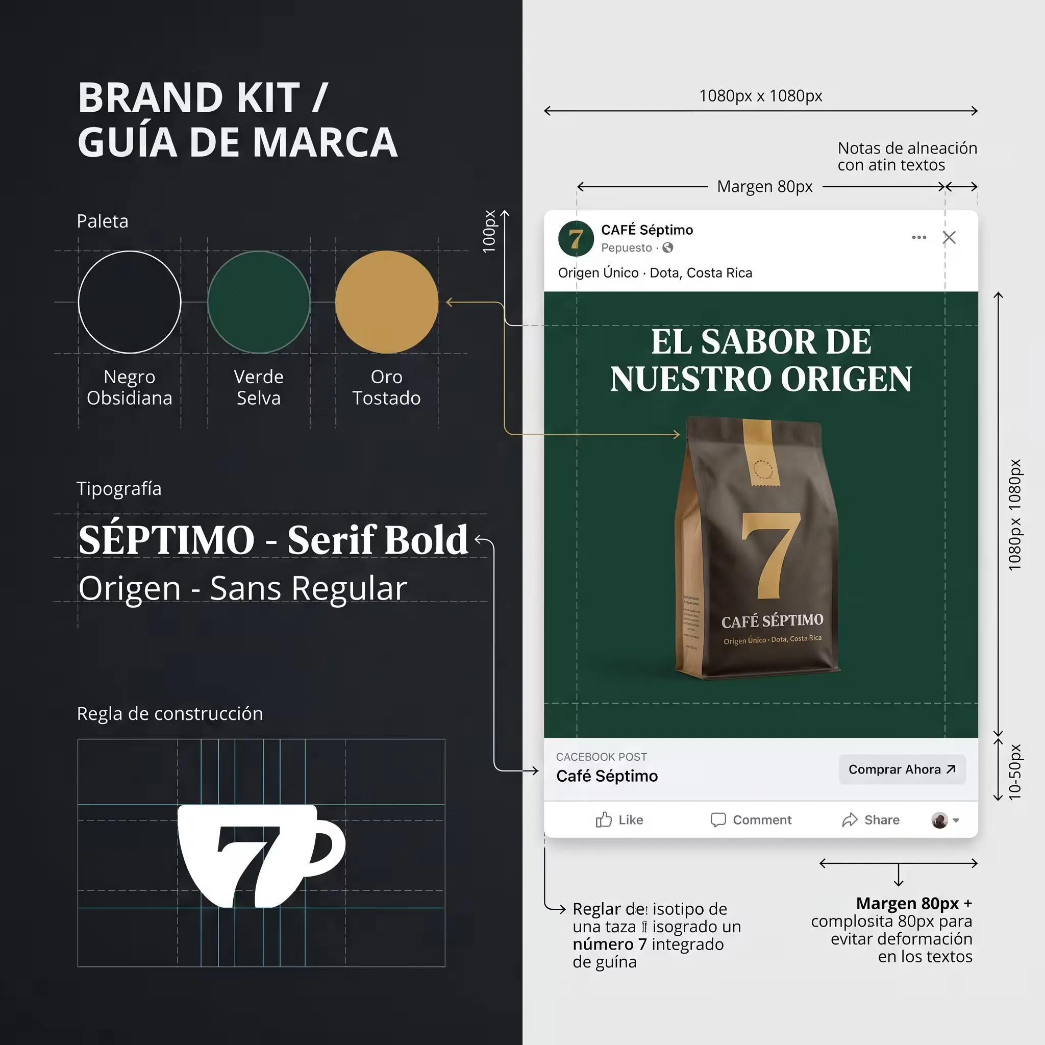 Guía de marca y publicación minimalista en Facebook para Café Séptimo aplicando paleta de colores, tipografía definida y márgenes limpios.