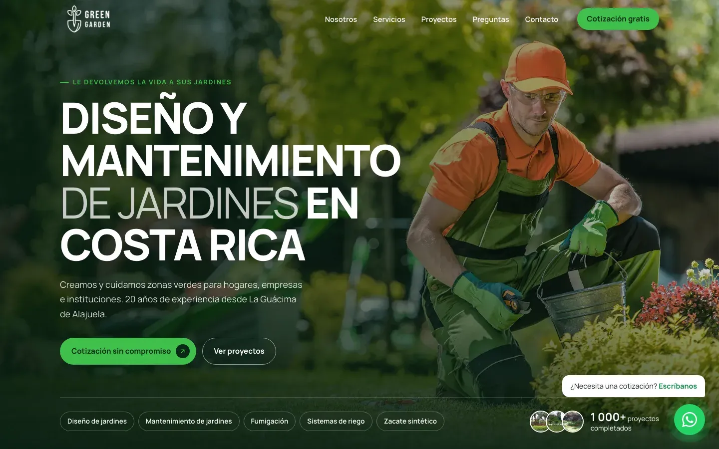 Página de inicio de Green Garden con el titular Diseño y mantenimiento de jardines en Costa Rica