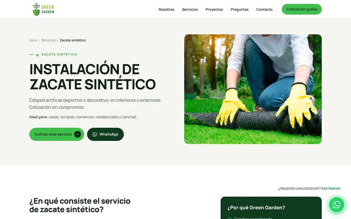 Página del servicio de instalación de zacate sintético de Green Garden