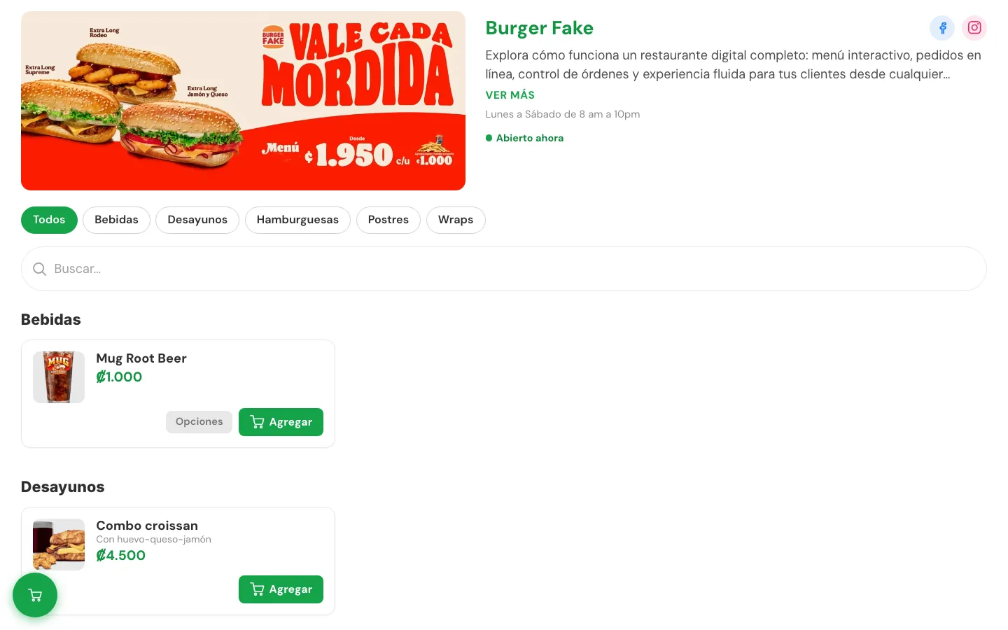 Página de inicio de la demo pedidos.webfeecr.com